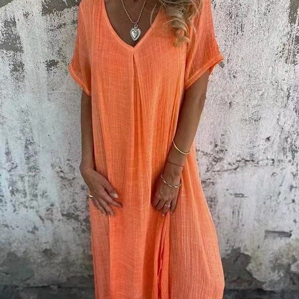 Plus Size Loose V-Neck Maxi Dress Casual - Orange