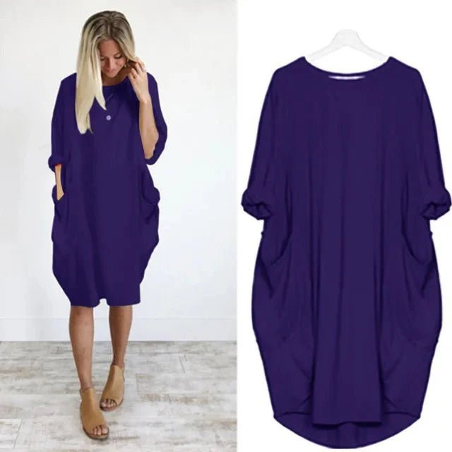 Plus Size Midi Dress with Pockets Long Sleeve - Blue