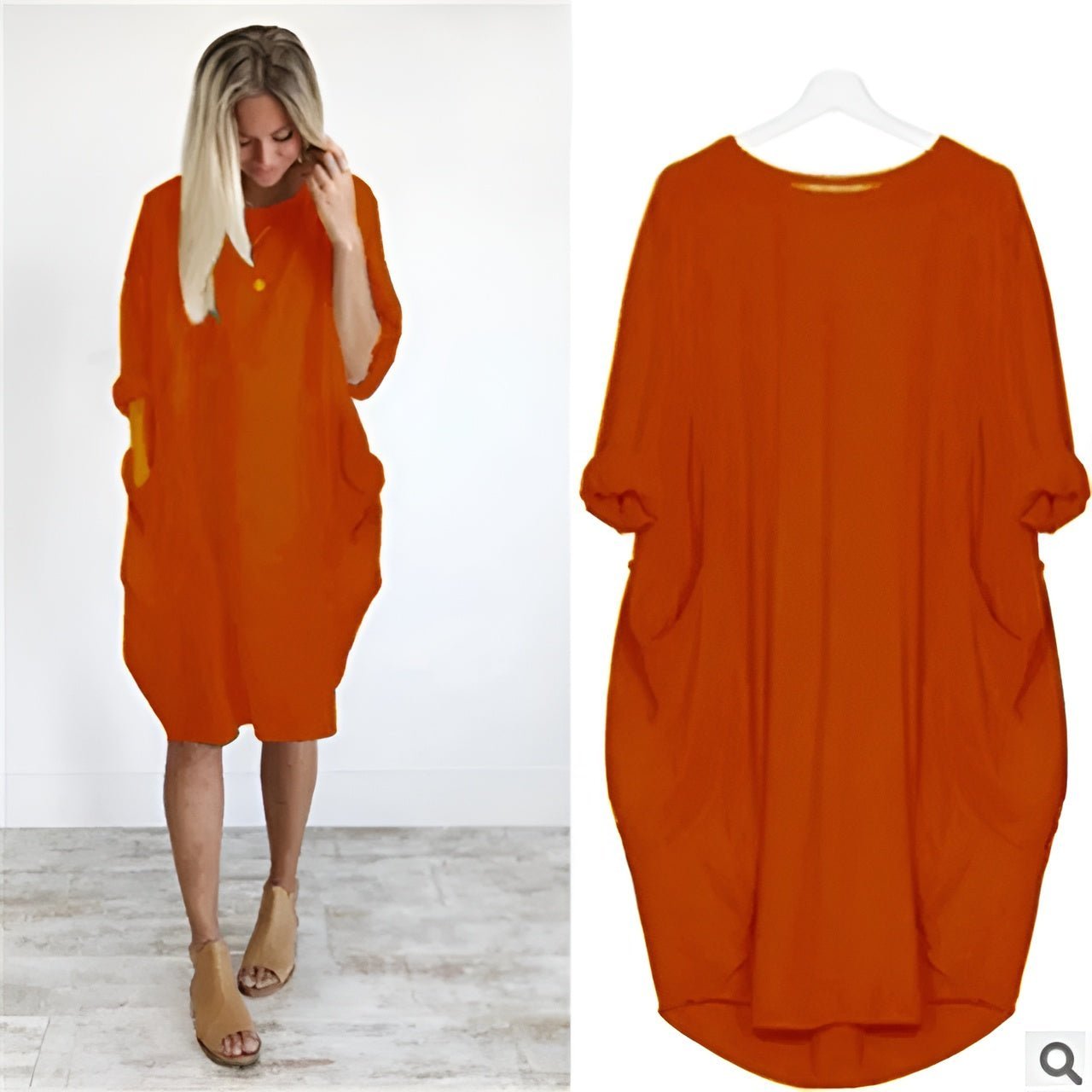 Plus Size Midi Dress with Pockets Long Sleeve - Orange