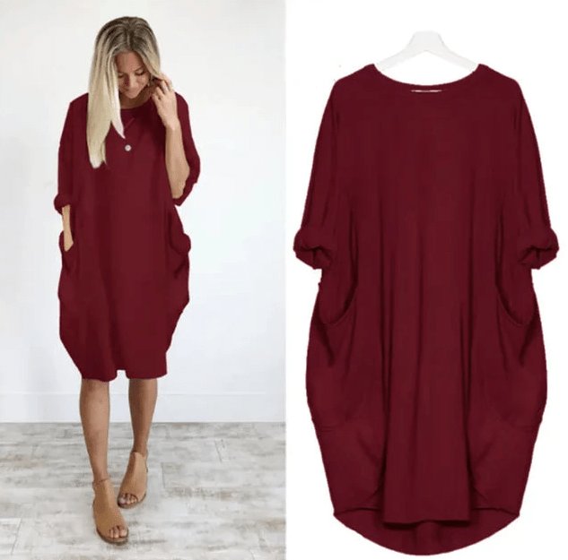 Plus Size Midi Dress with Pockets Long Sleeve - Dark Red