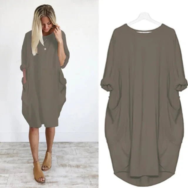 Plus Size Midi Dress with Pockets Long Sleeve - Dark Gray