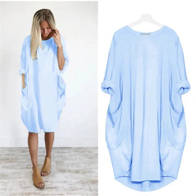 Plus Size Midi Dress with Pockets Long Sleeve - Light Blue