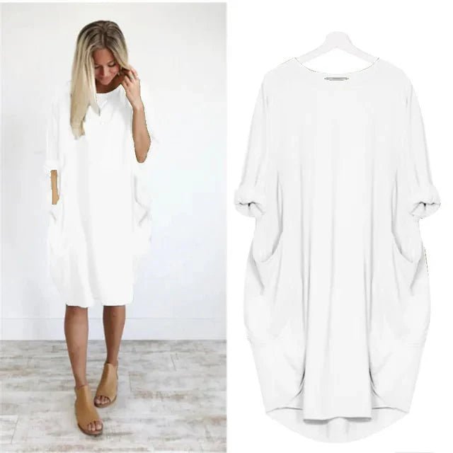 Plus Size Midi Dress with Pockets Long Sleeve - White