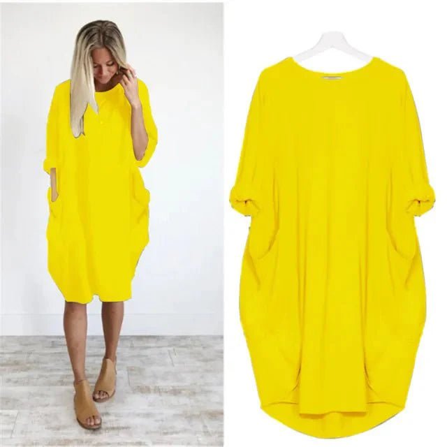 Plus Size Midi Dress with Pockets Long Sleeve - Yellow