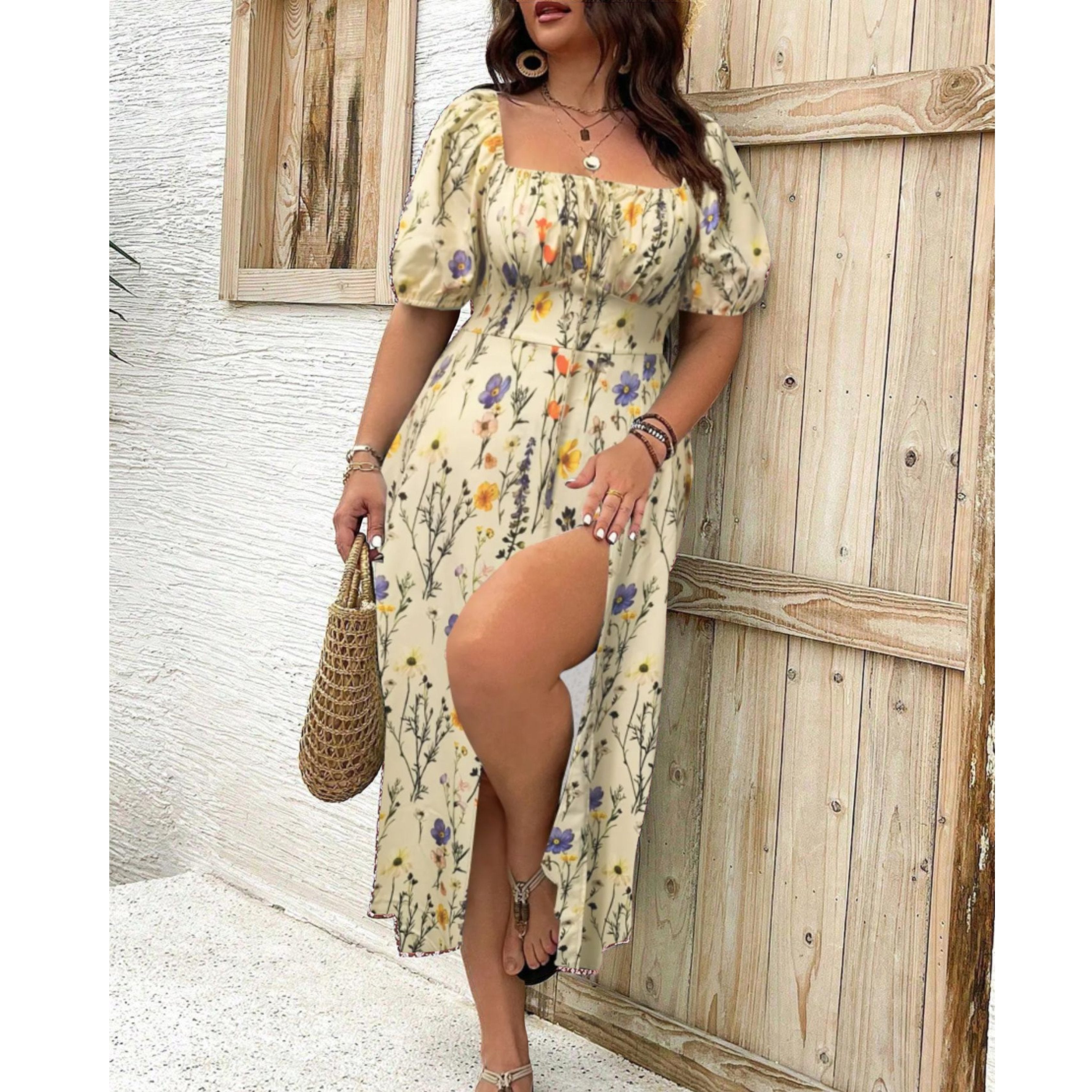 Plus Size Puff Sleeve Maxi Dress Flowing Elegant - Apricot