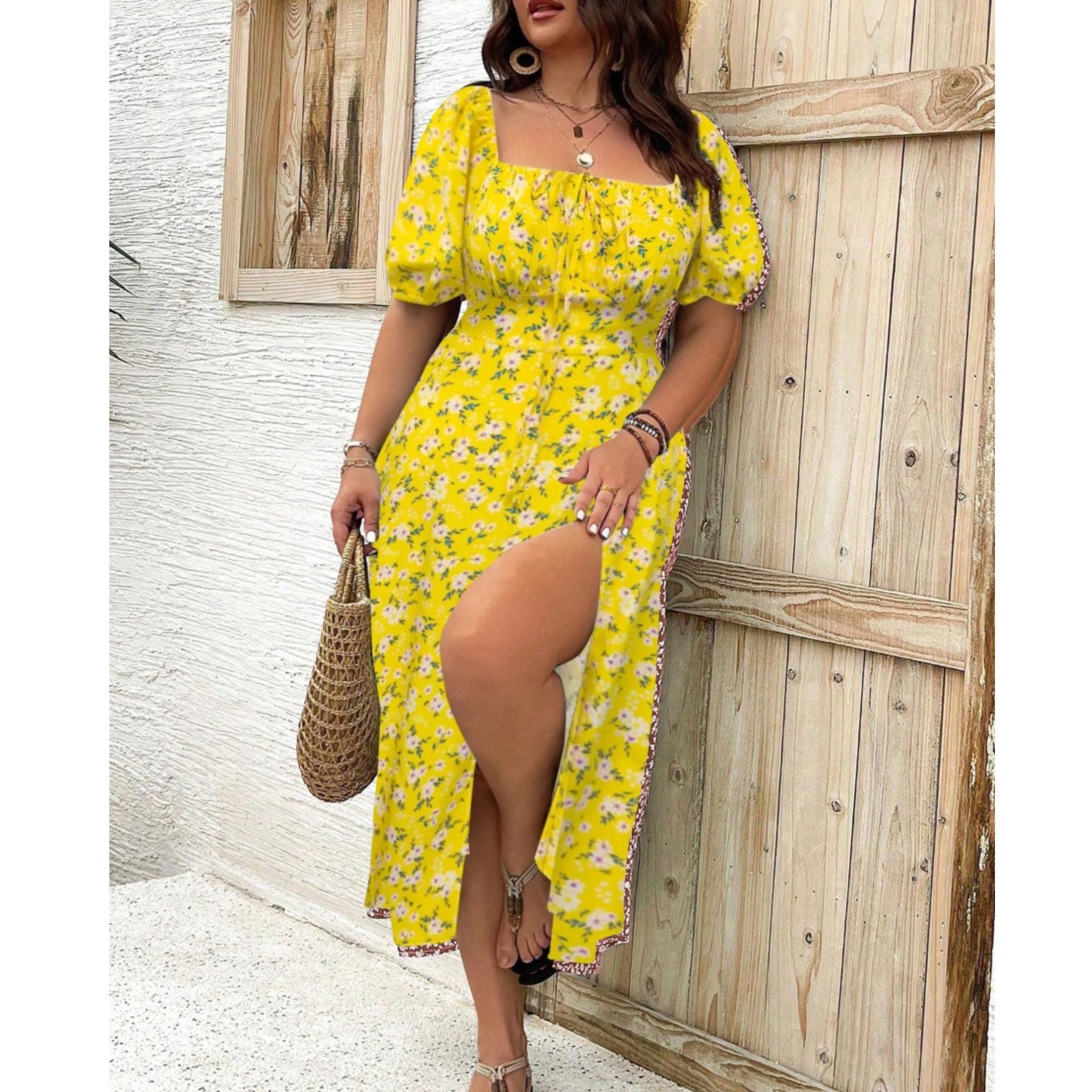 Plus Size Puff Sleeve Maxi Dress Flowing Elegant - Yellow