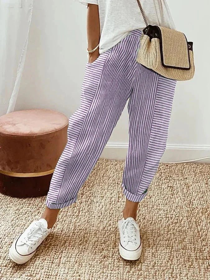 Plus Size Striped Trousers Relaxed Fit Elastic Waist - Purple