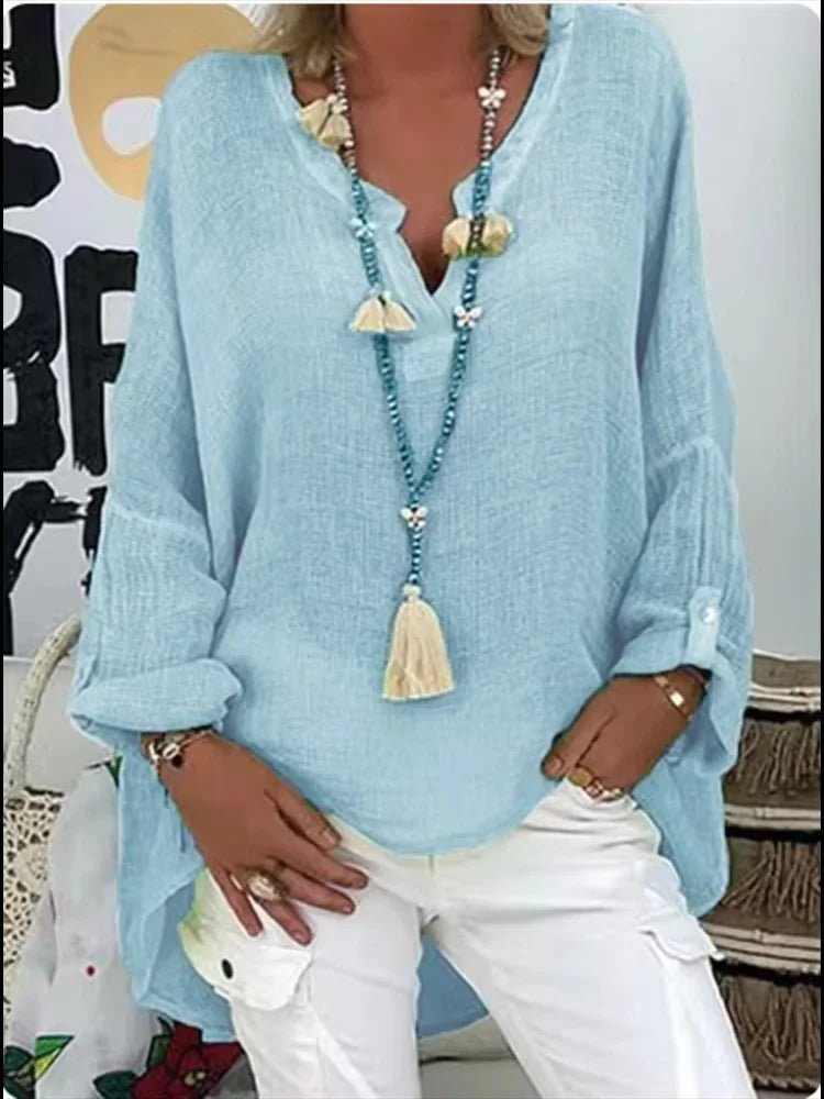 Plus Size V-Neck Blouse Long Sleeve Relaxed Fit - Blue