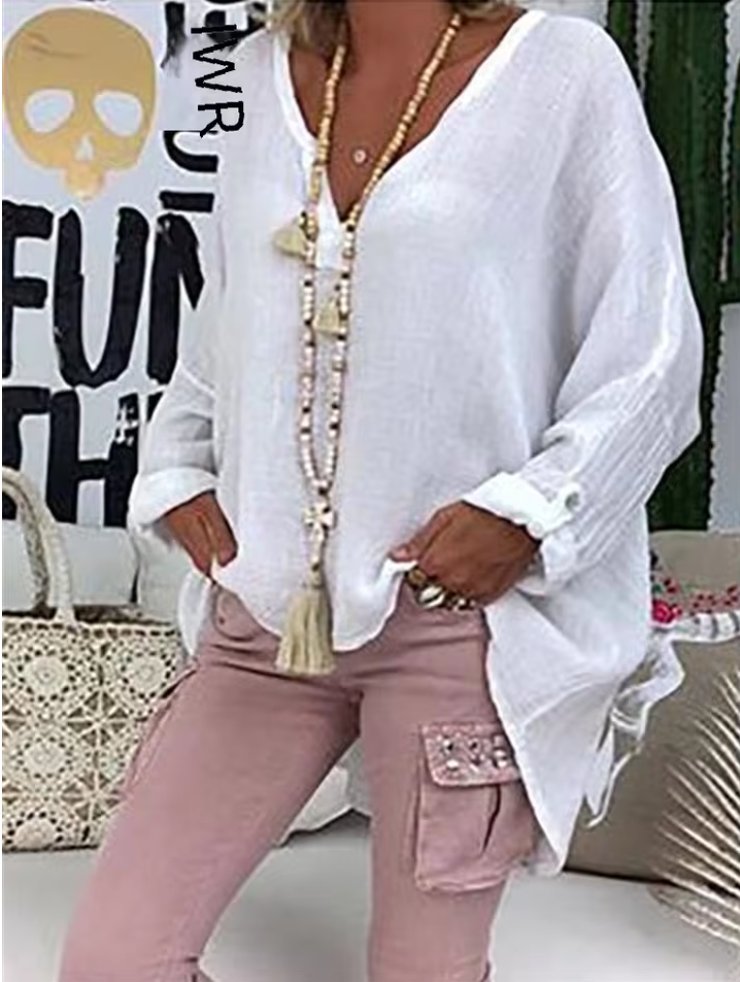 Plus Size V-Neck Blouse Long Sleeve Relaxed Fit - White