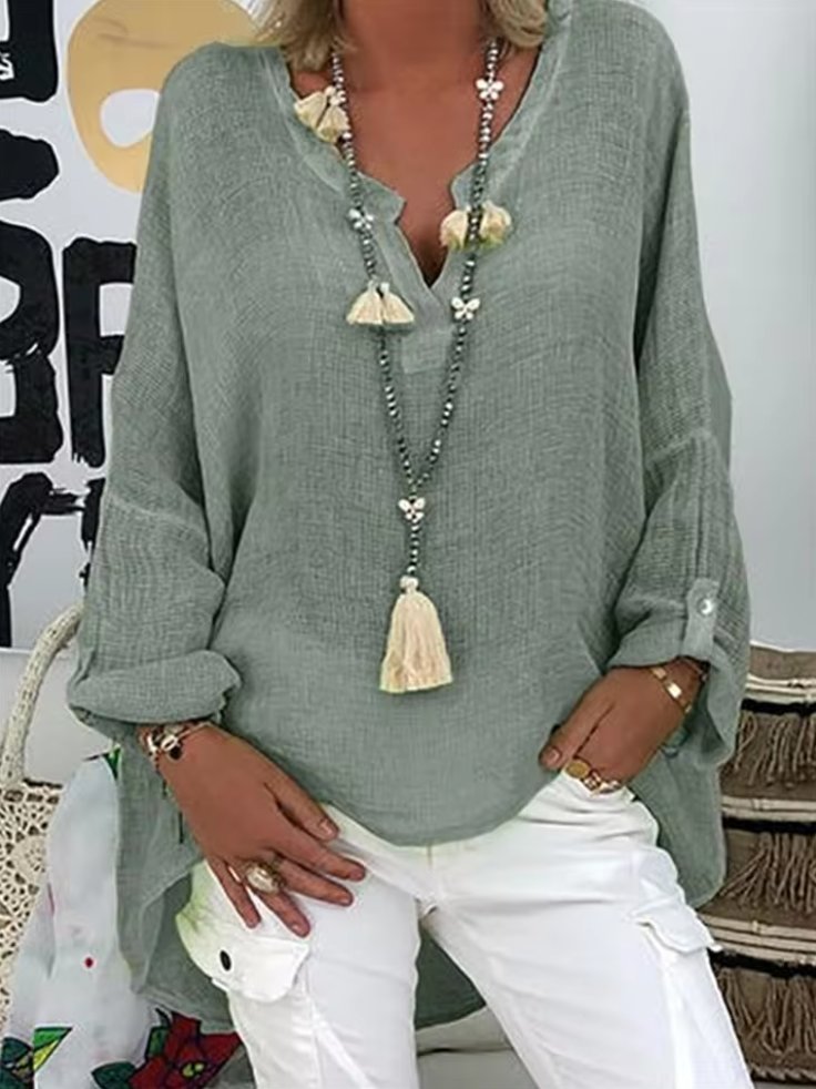 Plus Size V-Neck Blouse Long Sleeve Relaxed Fit - Green Gray