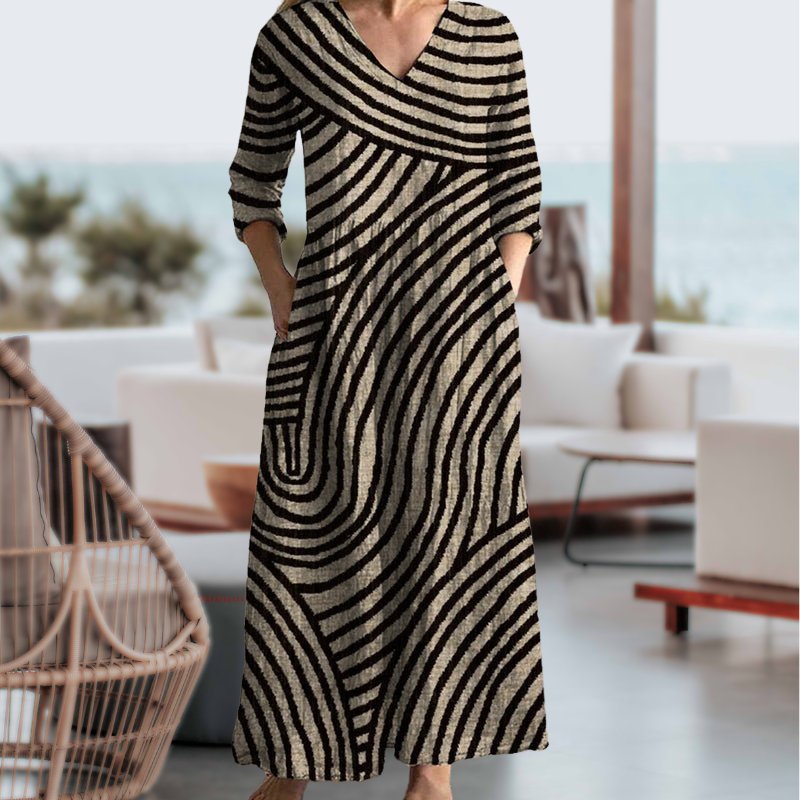 Plus Size Vintage Striped Maxi Dress V-Neck 3/4 Sleeve