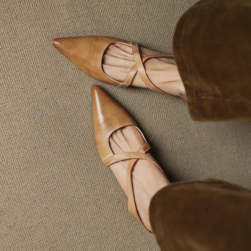 Pointed Cross-Strap Leather Mules Low Heel