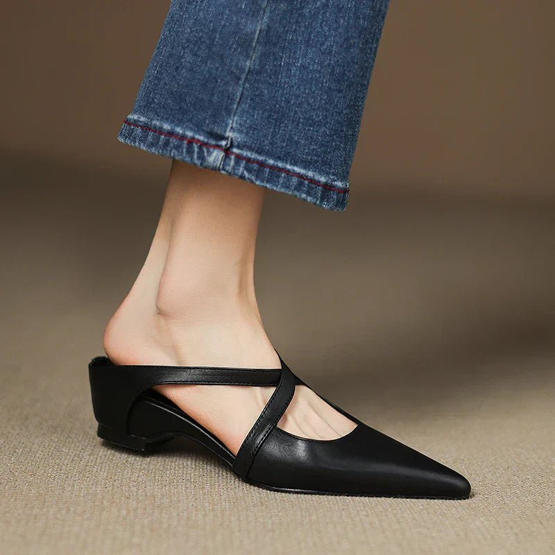 Pointed Cross-Strap Leather Mules Low Heel