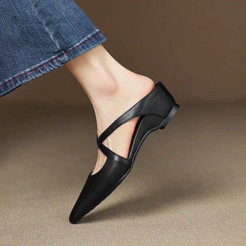 Pointed Cross-Strap Leather Mules Low Heel