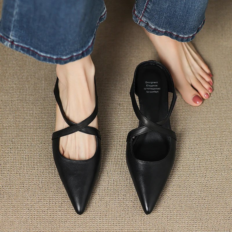 Pointed Cross-Strap Leather Mules Low Heel