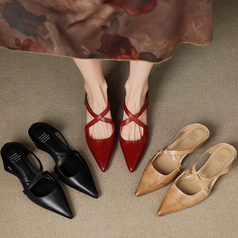Pointed Cross-Strap Leather Mules Low Heel