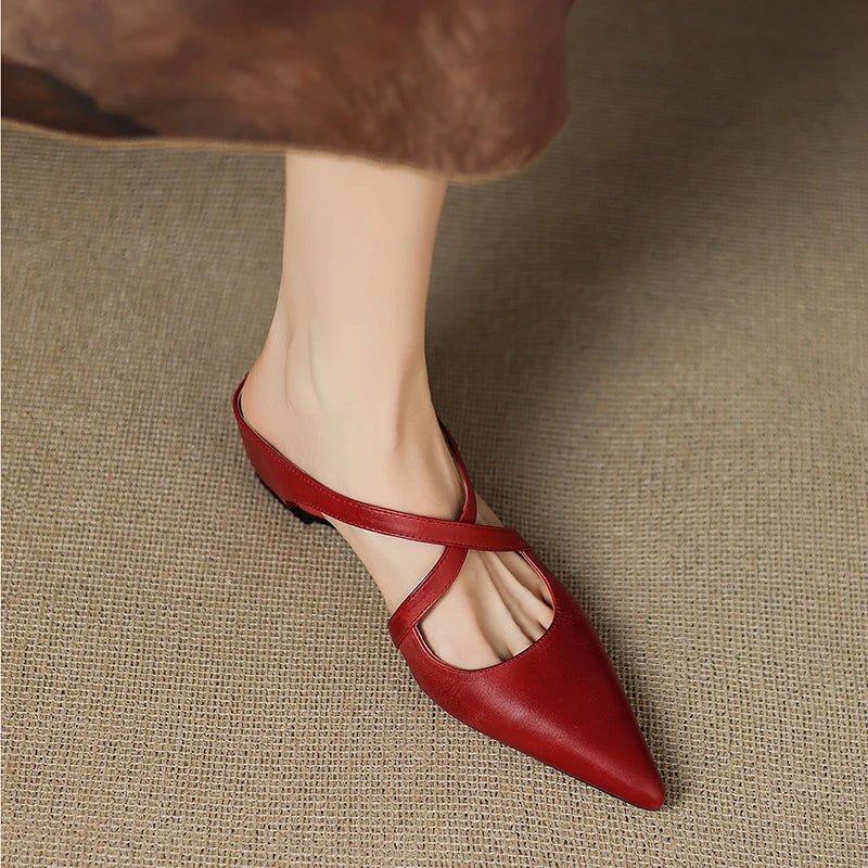 Pointed Cross-Strap Leather Mules Low Heel