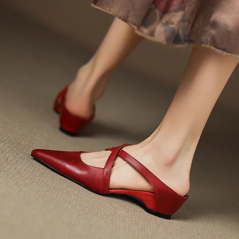 Pointed Cross-Strap Leather Mules Low Heel