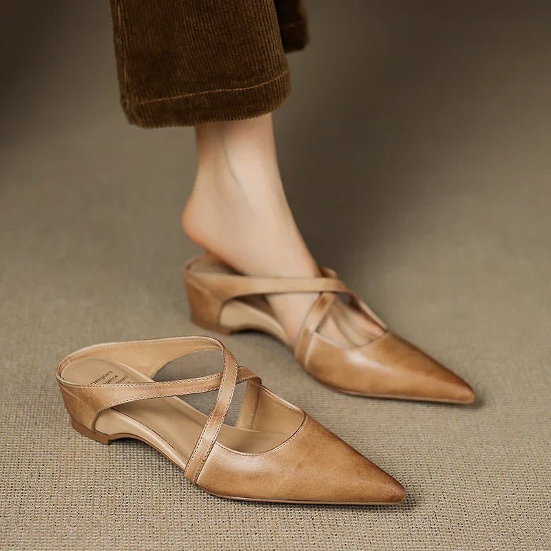 Pointed Cross-Strap Leather Mules Low Heel - Apricot