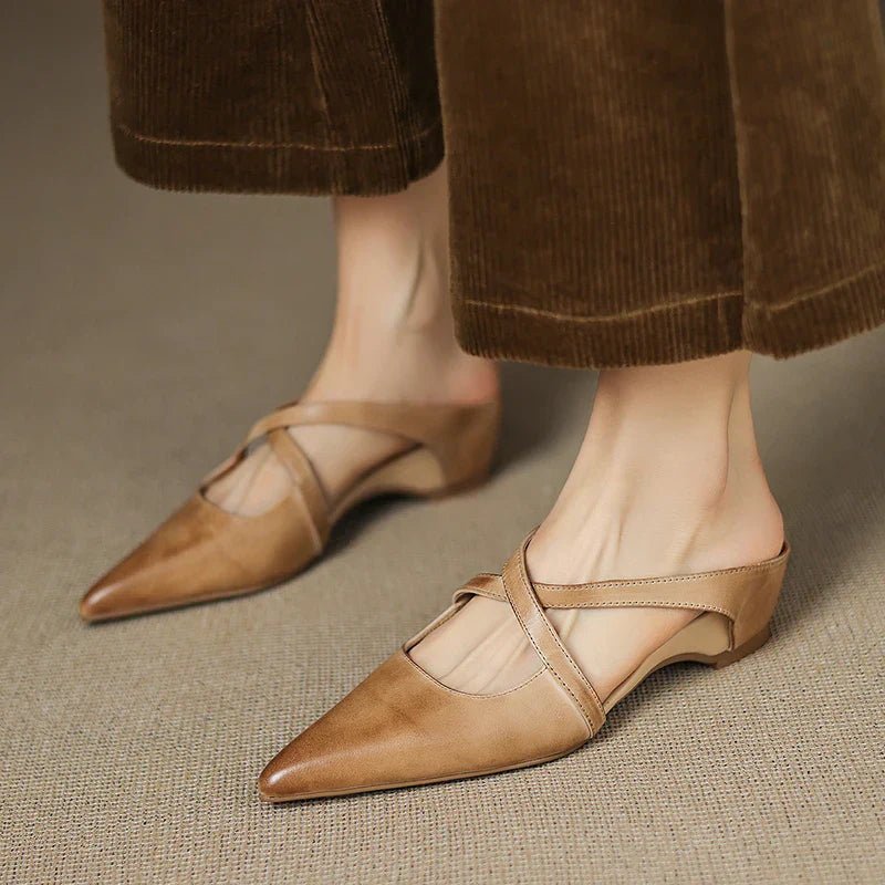 Pointed Cross-Strap Leather Mules Low Heel