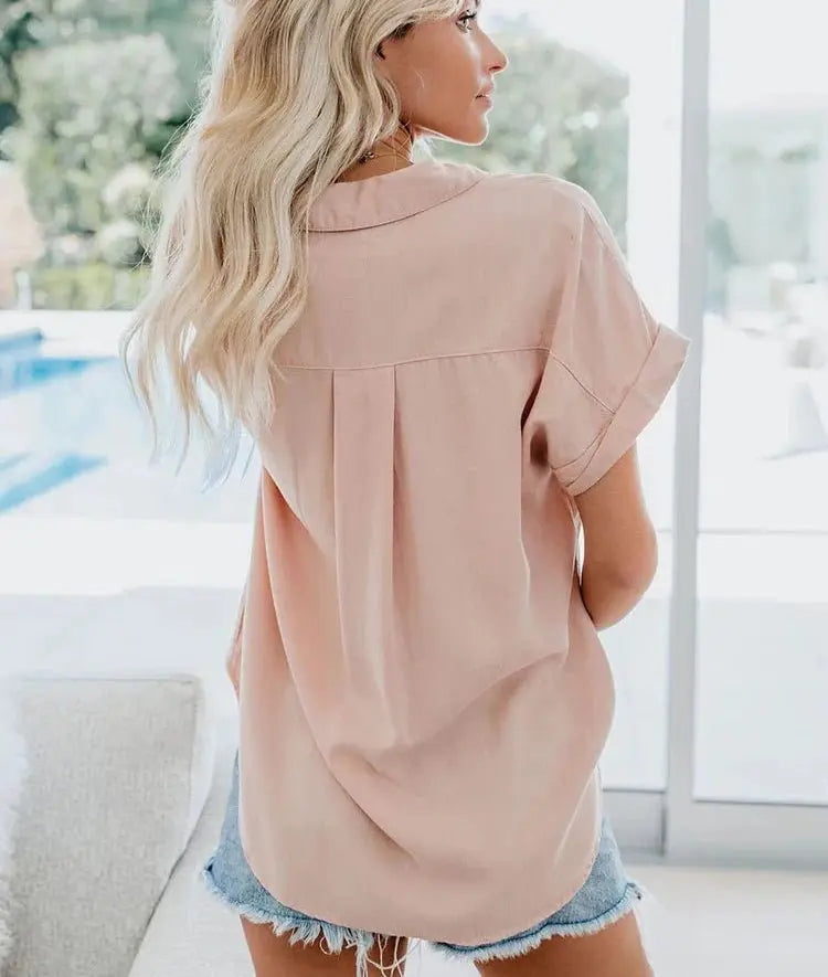 Relaxed Fit Button-Up Blouse Short Sleeve Casual