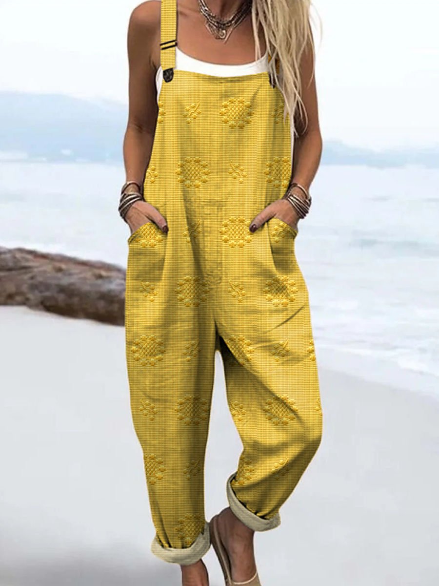 Relaxed Wide-Leg Jumpsuit Adjustable Straps Pockets - Yellow