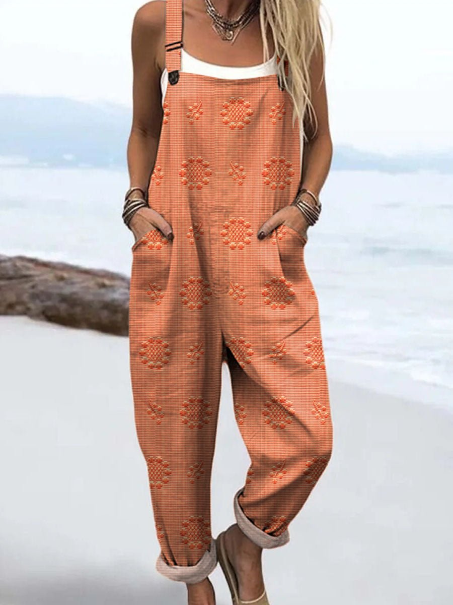 Relaxed Wide-Leg Jumpsuit Adjustable Straps Pockets - Orange