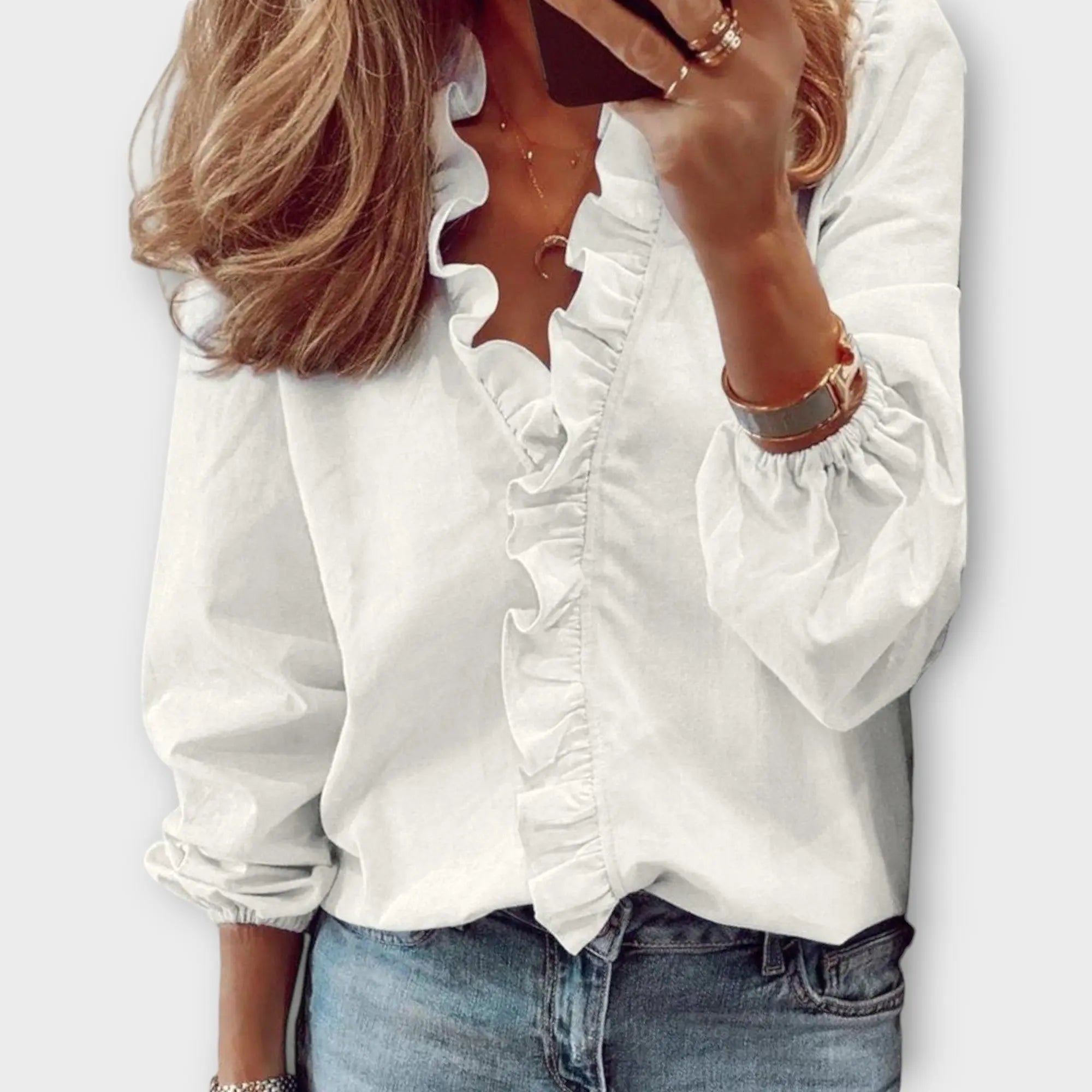 Ruffle Blouse Long Sleeve V-Neck White Cotton - White