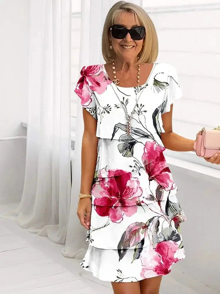 Ruffled Floral Midi Dress Pleated Short Sleeve - White