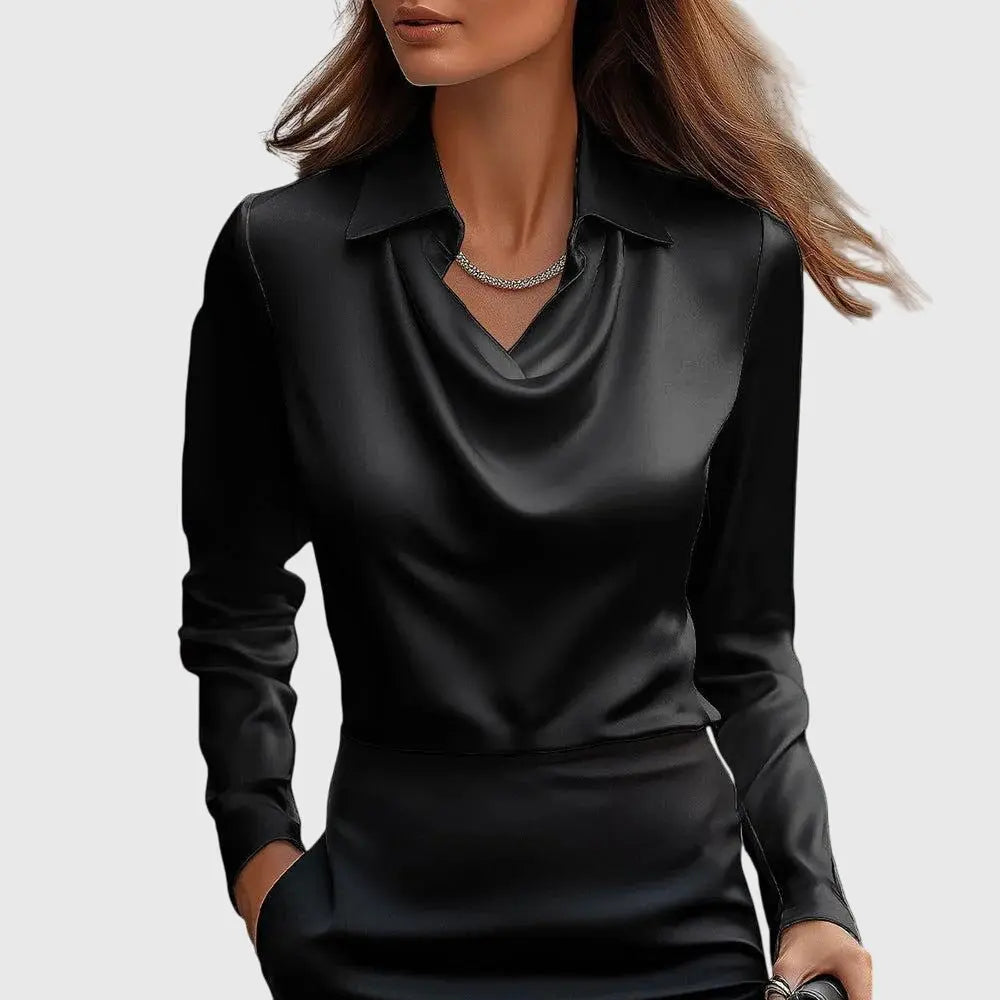 Satin Blouse Cowl Neck Long Sleeve Elegant - Black