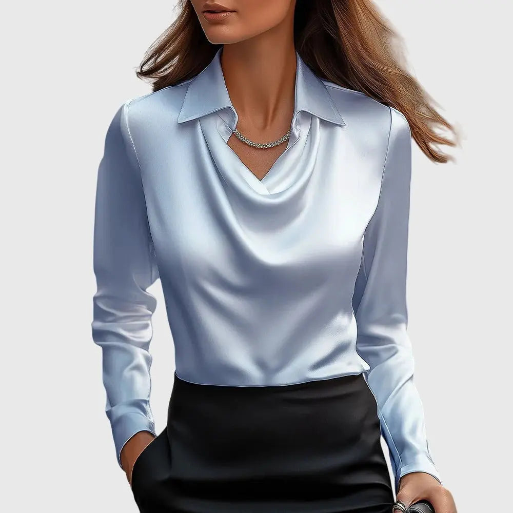 Satin Blouse Cowl Neck Long Sleeve Elegant - Light Blue