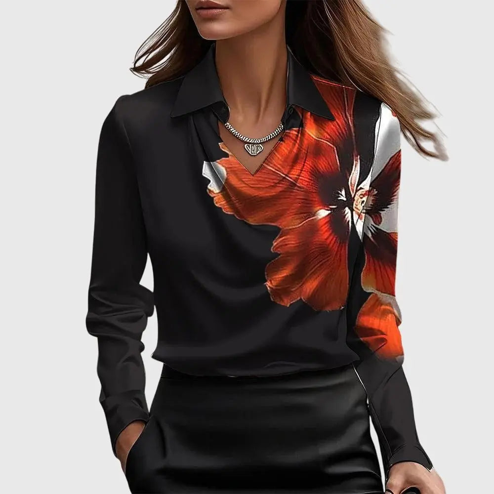 Satin Blouse Cowl Neck Long Sleeve Elegant - Black Red