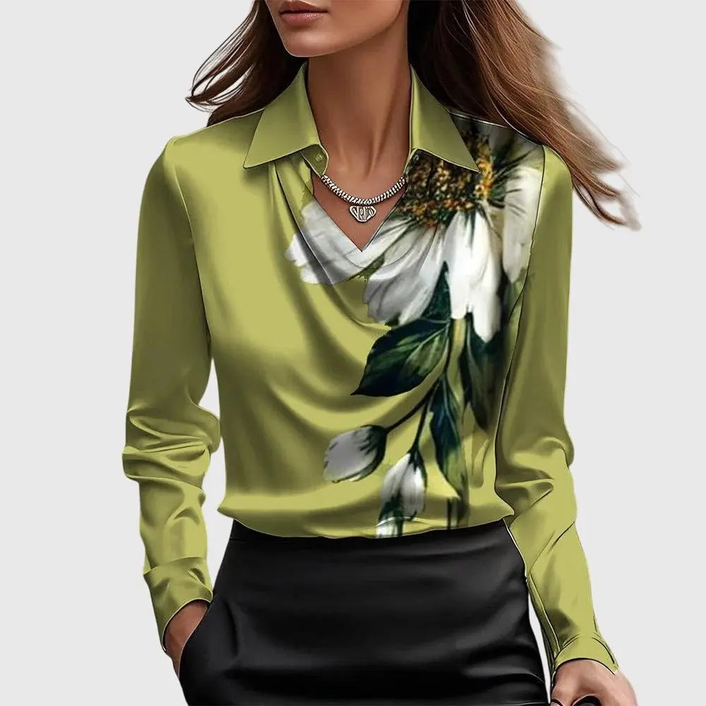 Satin Blouse Cowl Neck Long Sleeve Elegant - Green