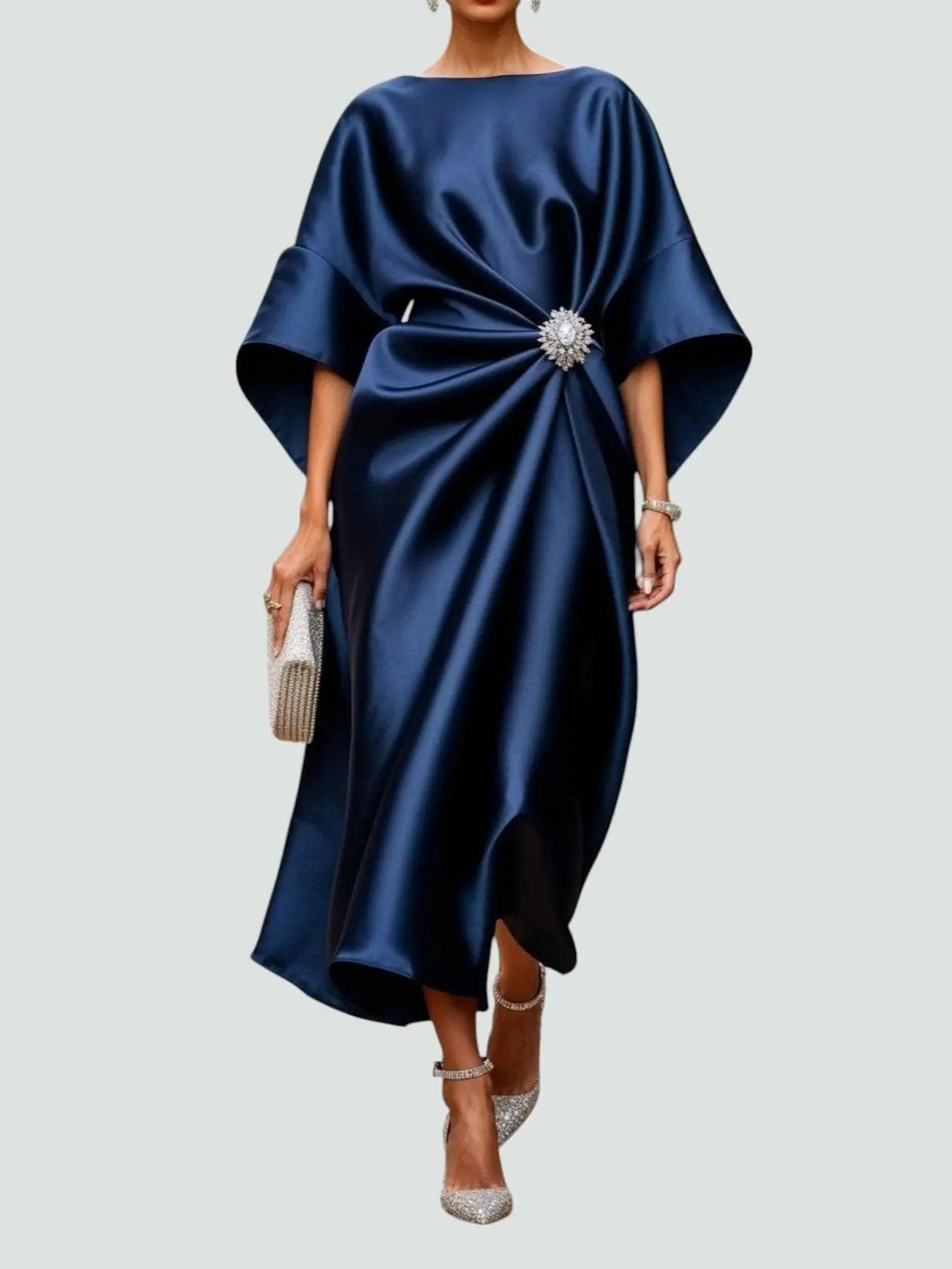 Satin Midi Dress Batwing Sleeve Twisted Front Embellishment - Navy Blue