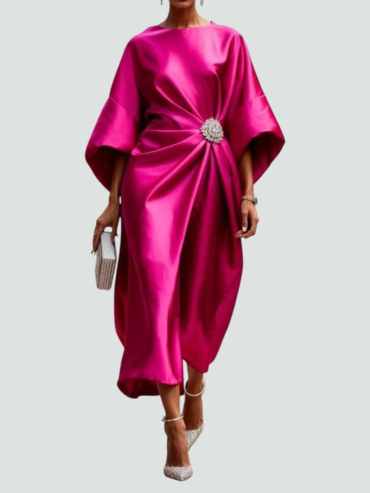 Satin Midi Dress Batwing Sleeve Twisted Front Embellishment - Pink