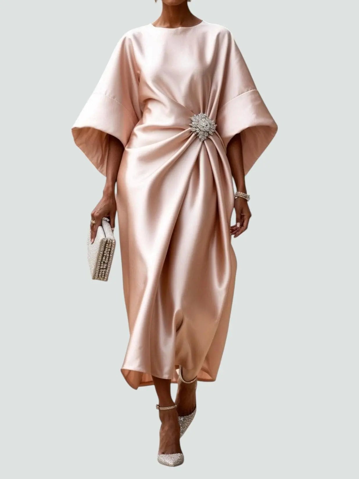 Satin Midi Dress Batwing Sleeve Twisted Front Embellishment - Beige