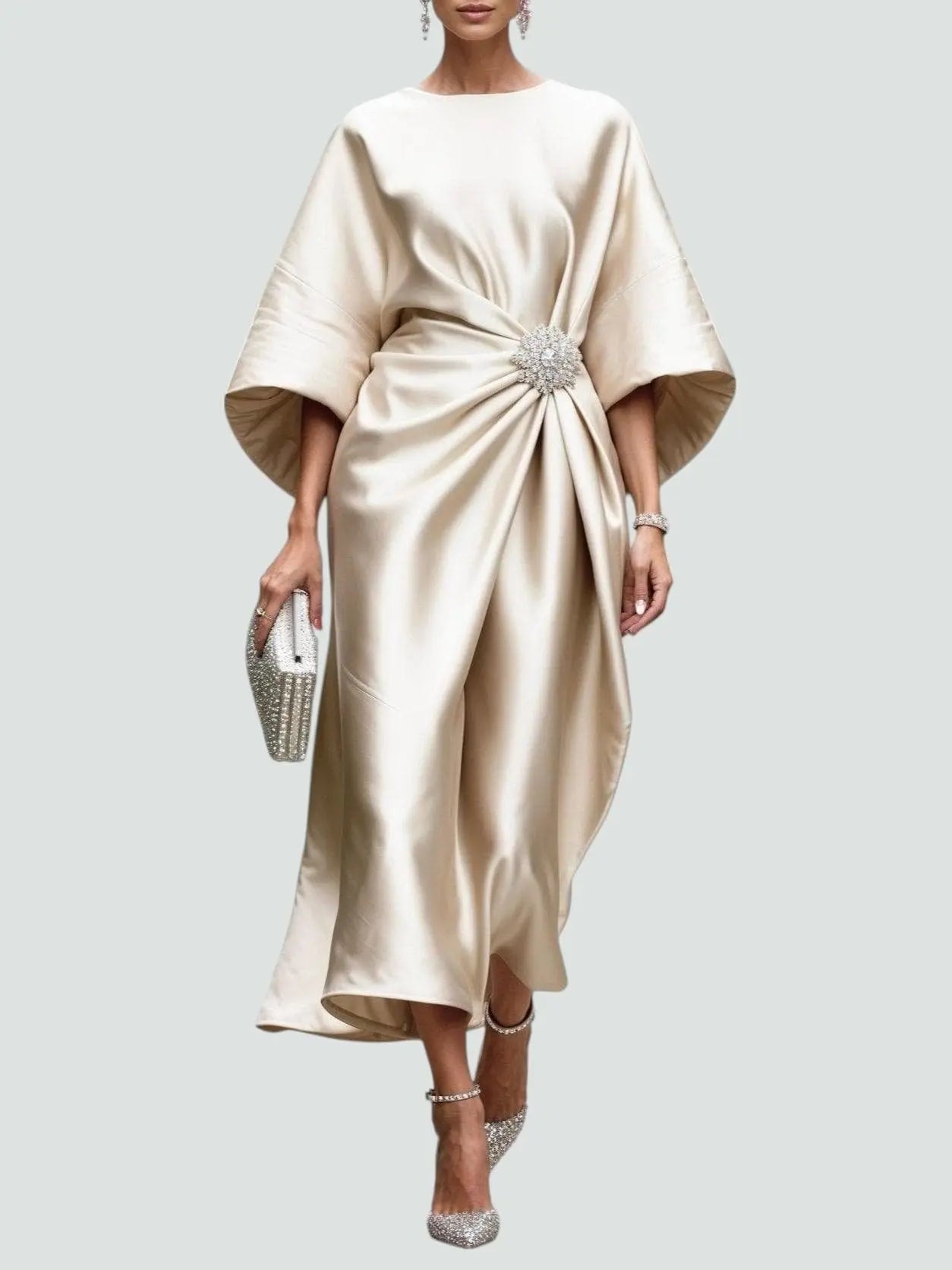 Satin Midi Dress Batwing Sleeve Twisted Front Embellishment - Khaki