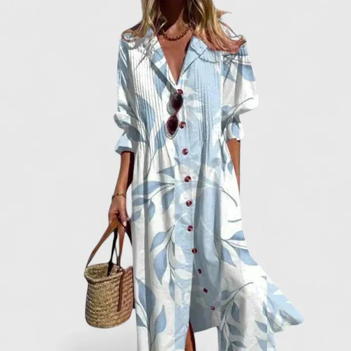 Shirt Dress Button-Front Leaf Print Bohemian Maxi - Skyblue
