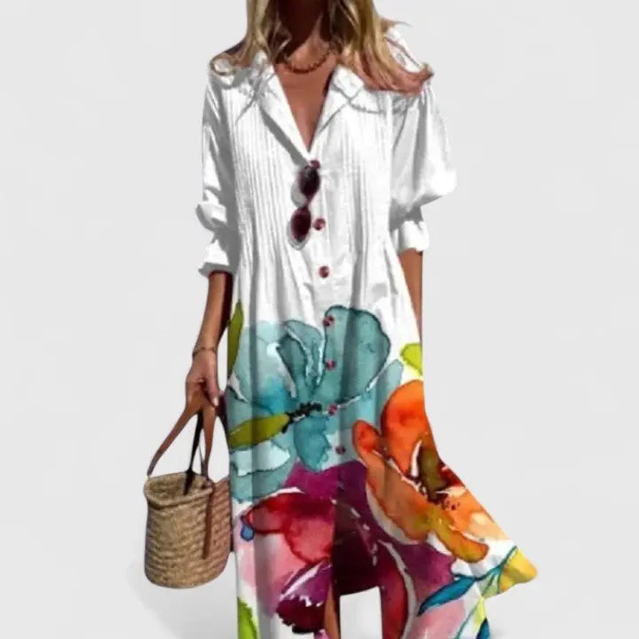 Shirt Dress Button-Front Leaf Print Bohemian Maxi - White