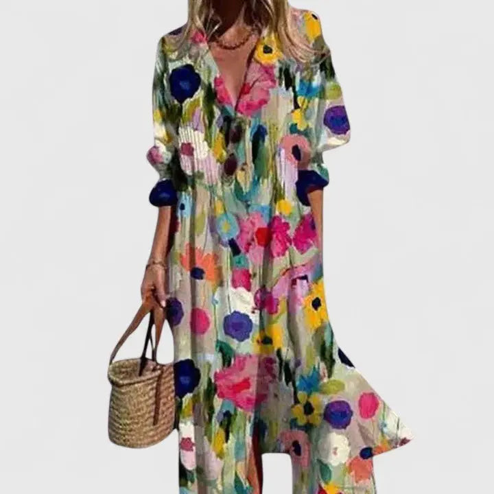 Shirt Dress Button-Front Leaf Print Bohemian Maxi - Multicolored 1