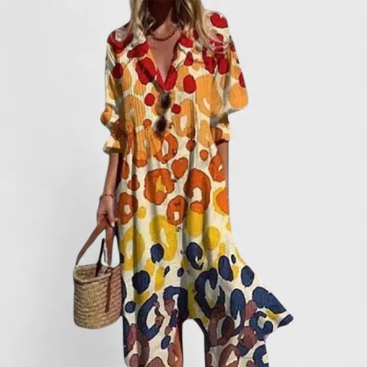 Shirt Dress Button-Front Leaf Print Bohemian Maxi - Yellow