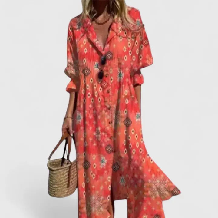 Shirt Dress Button-Front Leaf Print Bohemian Maxi - Rouge