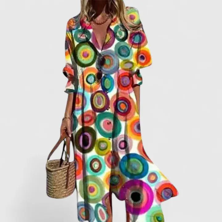Shirt Dress Button-Front Leaf Print Bohemian Maxi - Multicolored 2