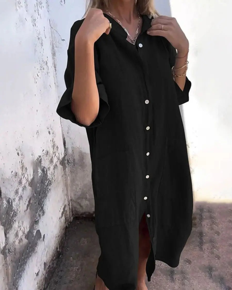 Shirt Dress Button Front Linen Short Sleeve Maxi Relaxed - Black
