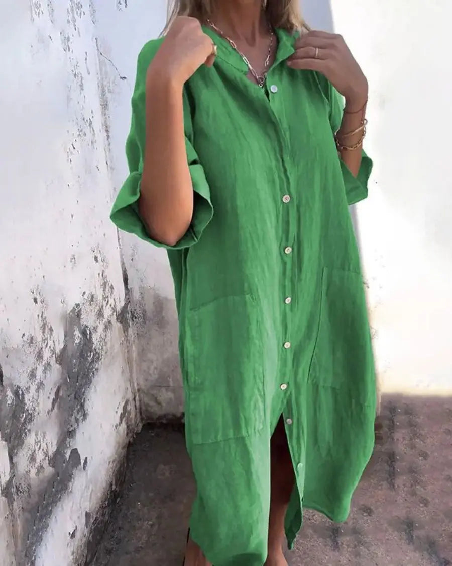 Shirt Dress Button Front Linen Short Sleeve Maxi Relaxed - Green