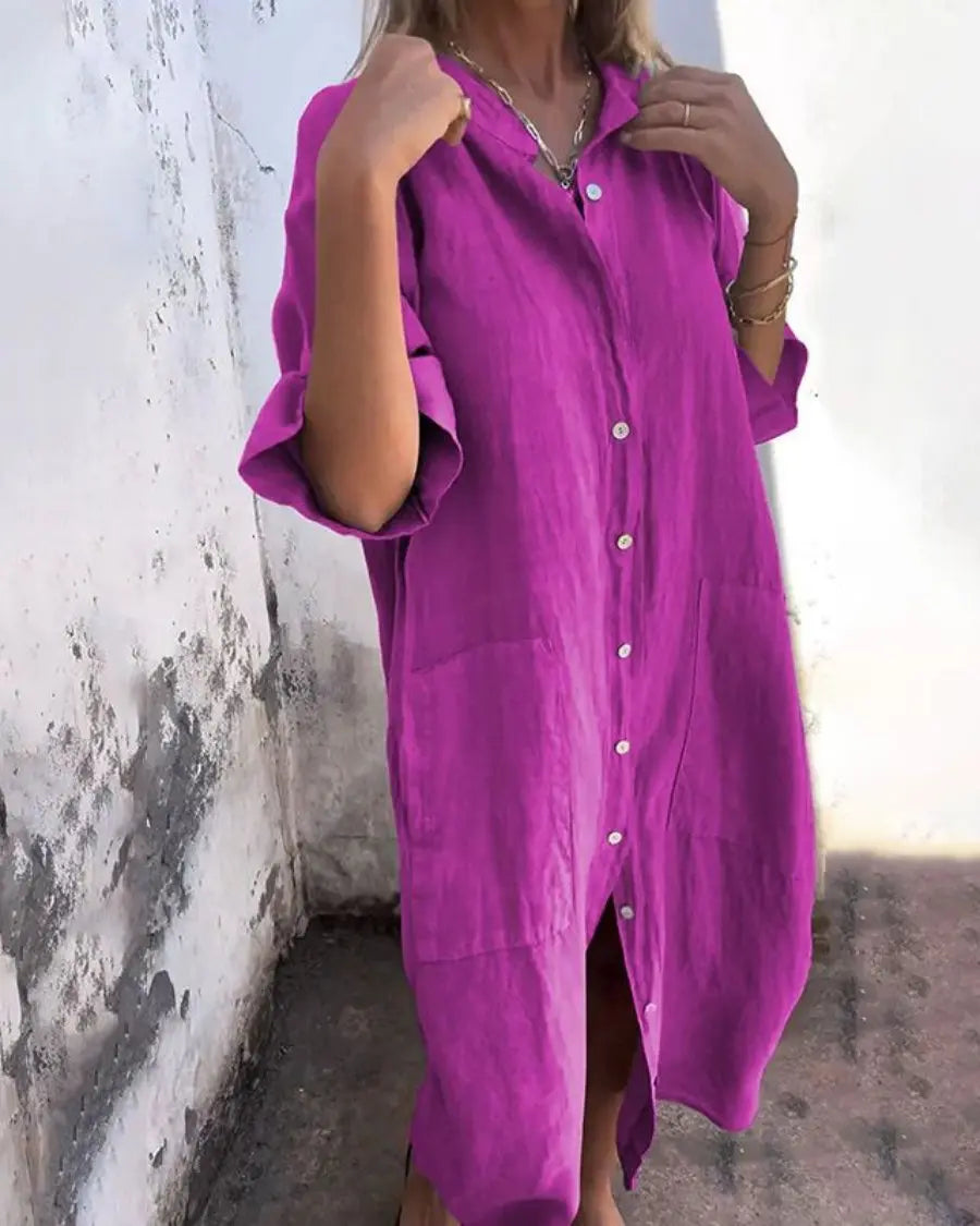 Shirt Dress Button Front Linen Short Sleeve Maxi Relaxed - Purple