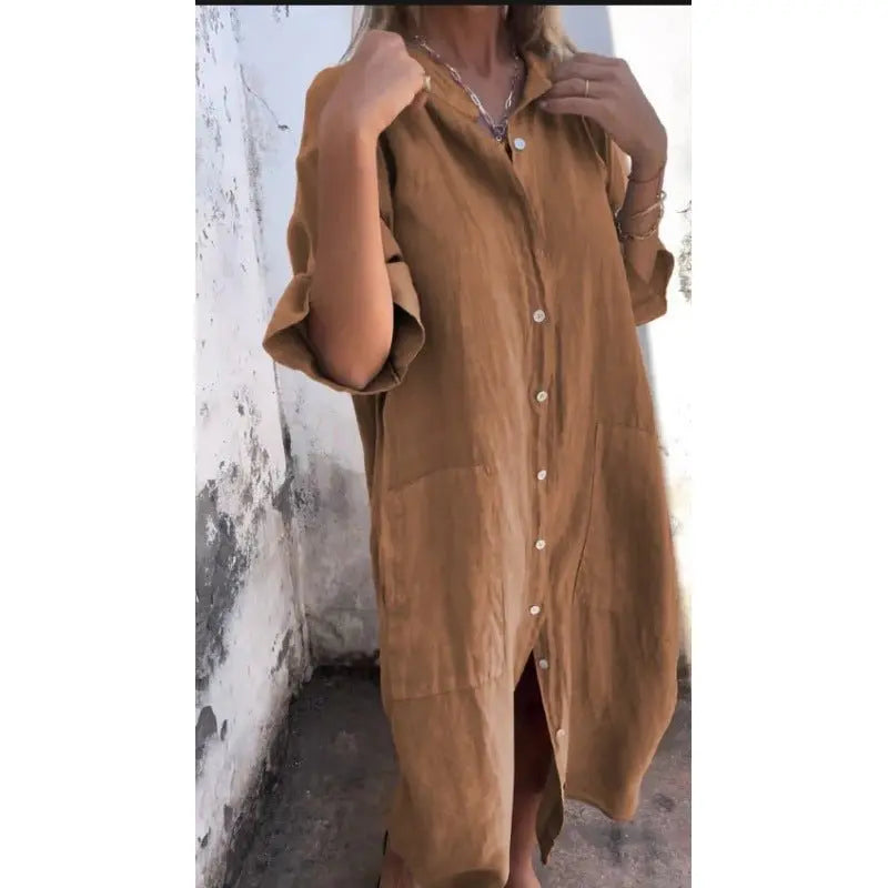 Shirt Dress Button Front Linen Short Sleeve Maxi Relaxed - Khaki