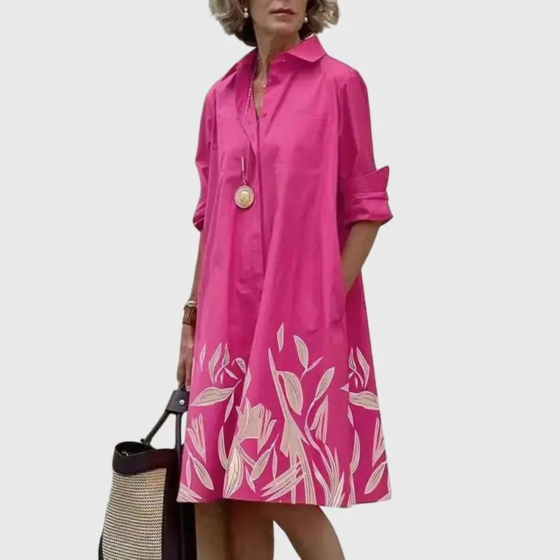 Shirt Dress Midi Length Collared Button Front Pockets - Pink