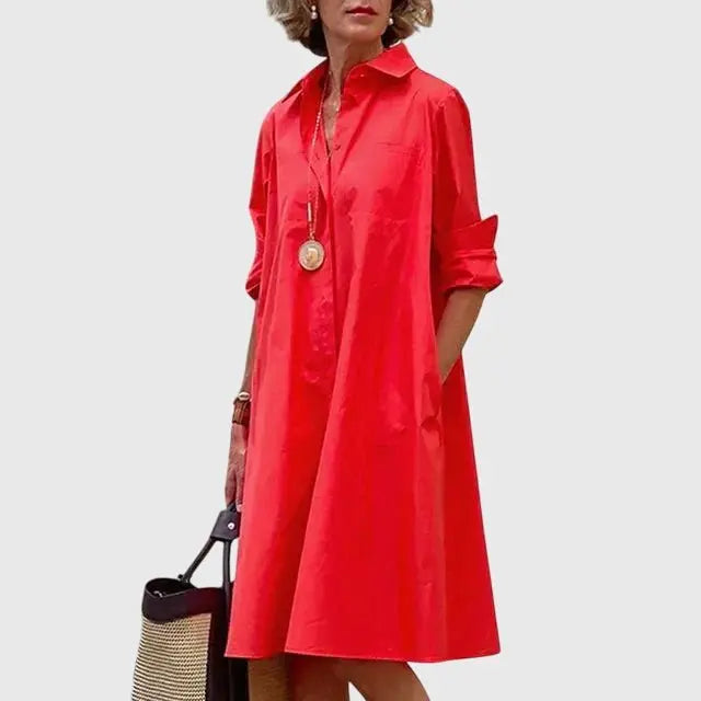 Shirt Dress Midi Length Collared Button Front Pockets - Red