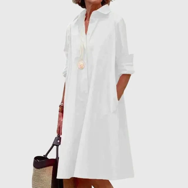 Shirt Dress Midi Length Collared Button Front Pockets - White